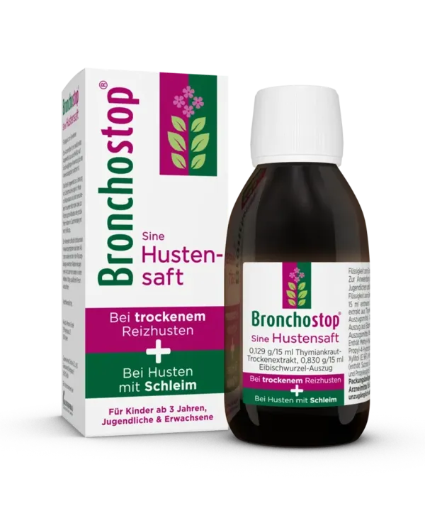 Bronchostop® Sine Hustensaft Produkt Flasche und Packung