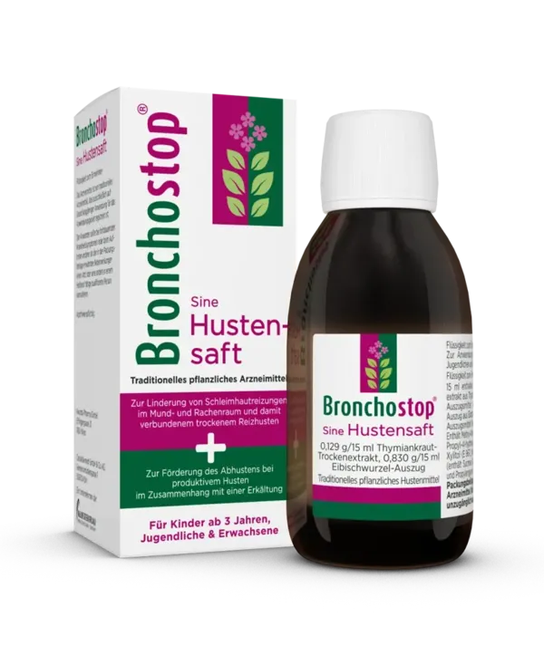 Bronchostop® Sine Hustensaft Produkt Flasche und Packung
